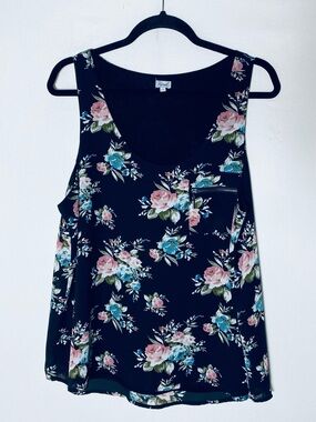 5/$25 Kismet Black Floral Scoop Neck Tank Top Blouse L Cottagecore